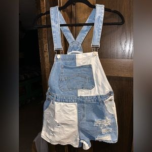 Two-Tone Denim Overall Shorts